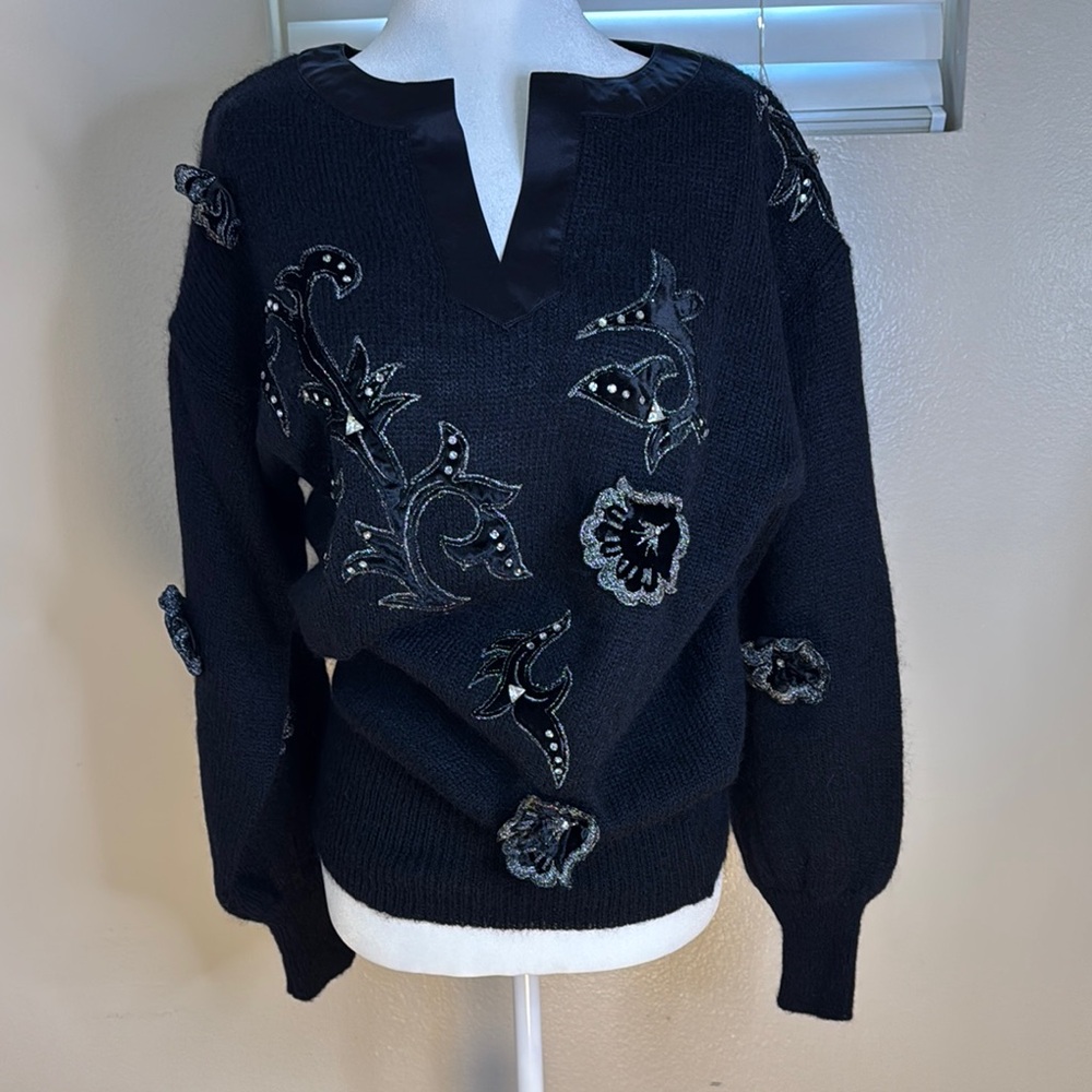 Vintage 90s Escada Black V-Neck Sweater with Velvet, Crystal Embellishments